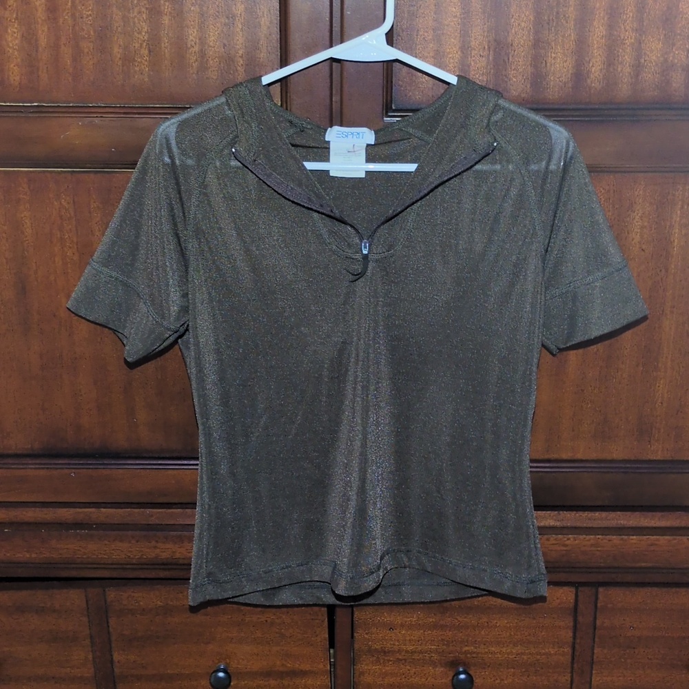 Vintage Esprit Top / Esprit Shimmery Brown Short-Sleeve Hooded Half-Zip Top